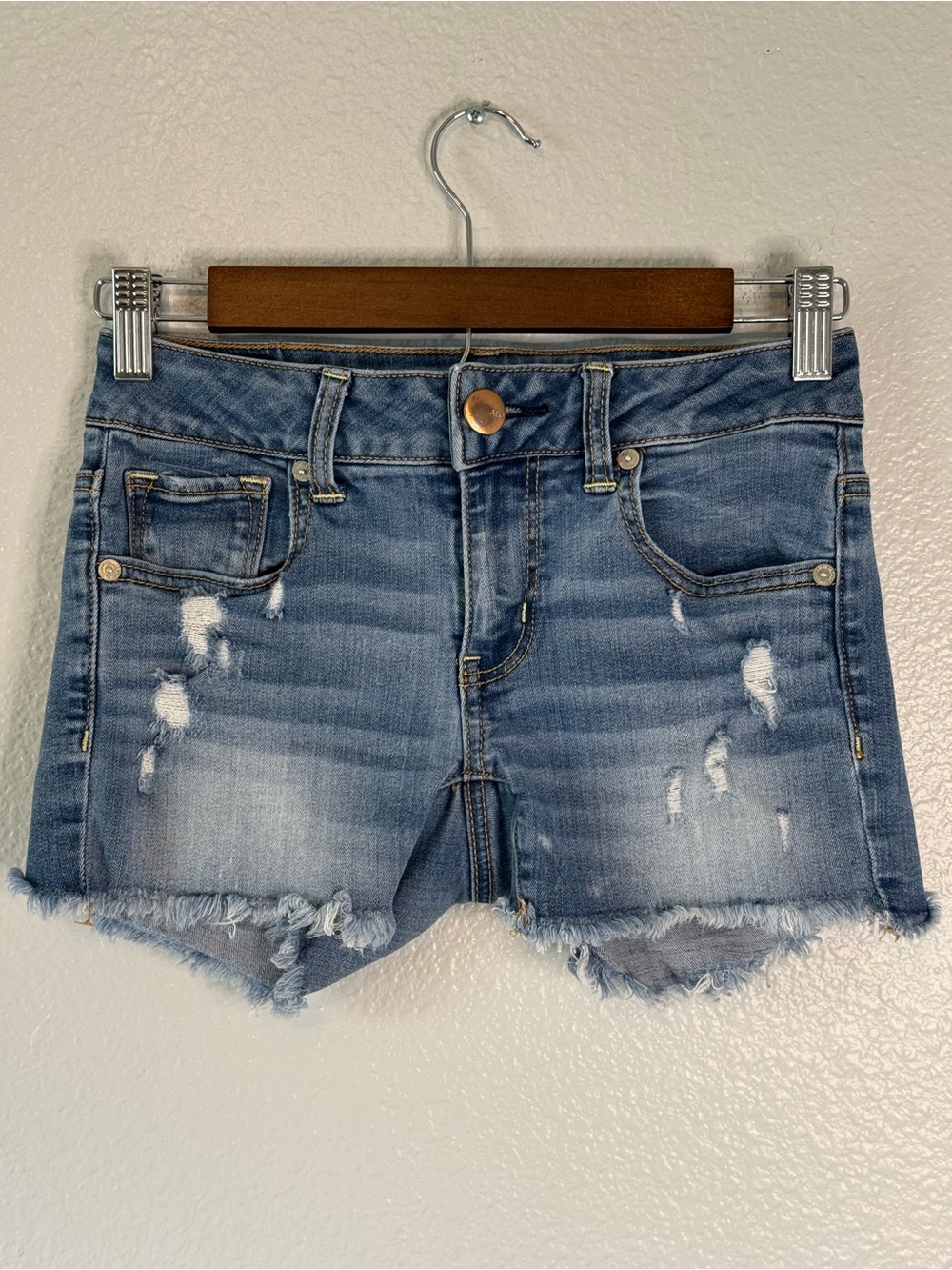 American Eagle Midi Distressed Denim Shorts Super Stretch Size 0